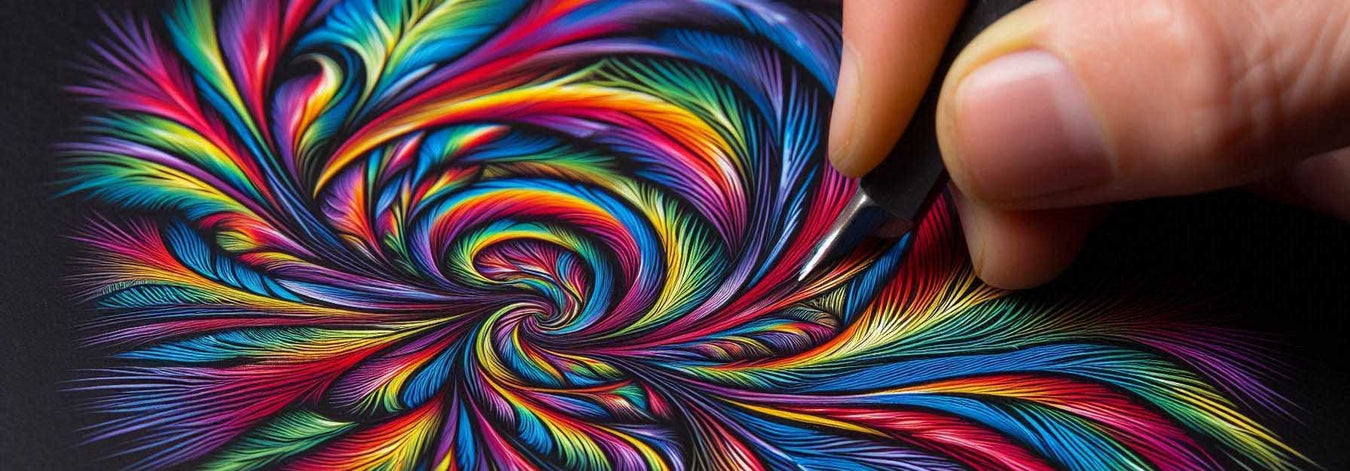 A work of scratch art in a multi-colored pattern