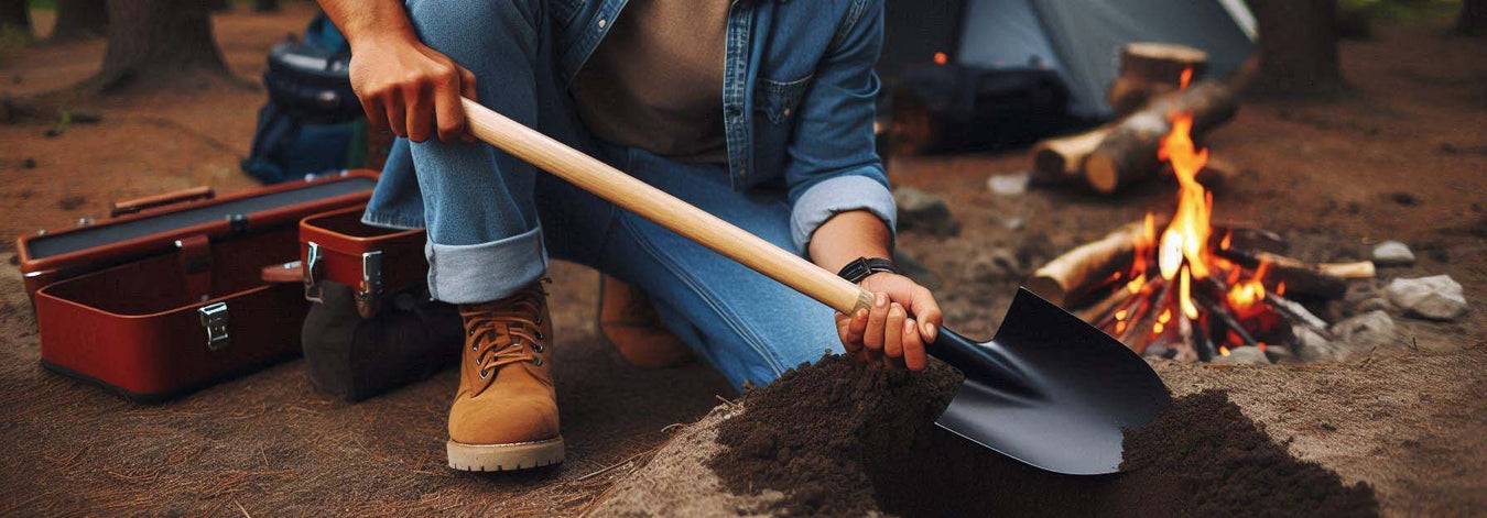 Someone using a shovel in a camp setting