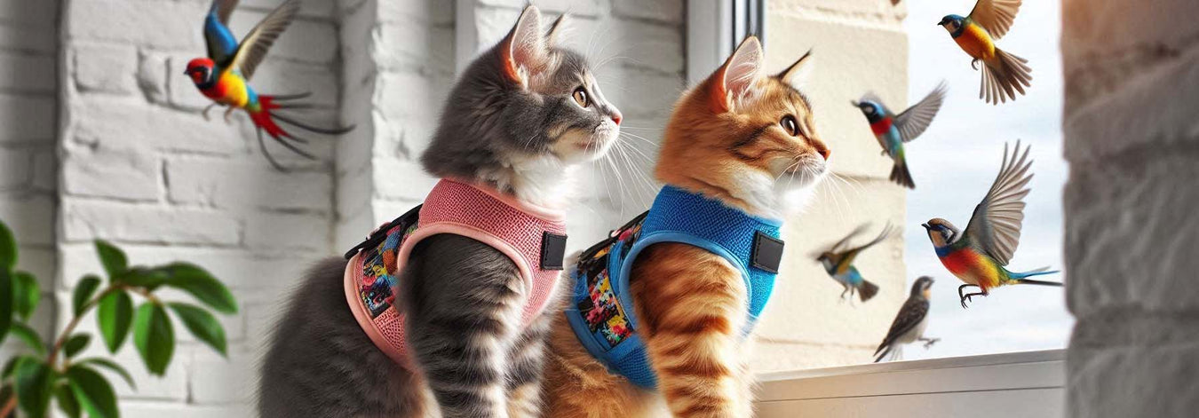 Two cats each wearing a harnesses looking out a window