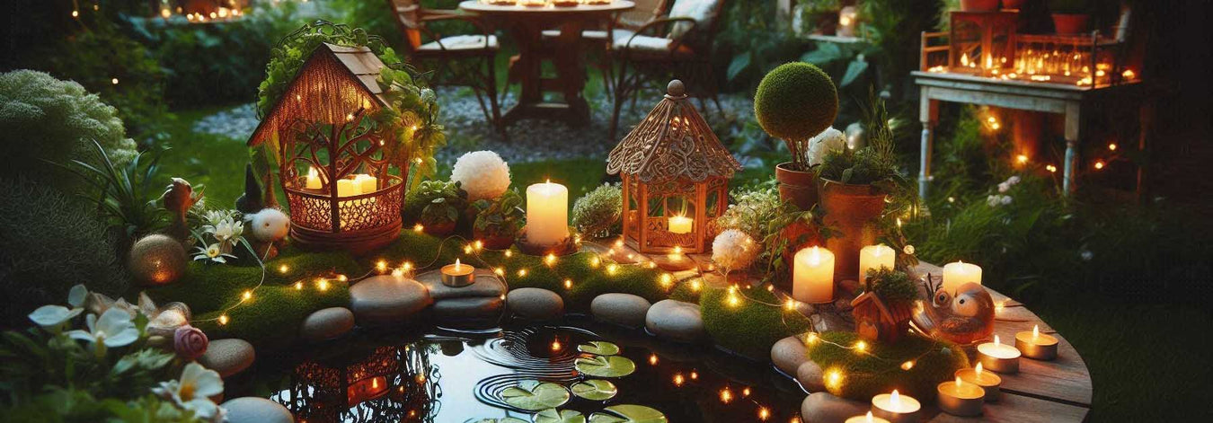Cozy garden with candles and other lights around a small pond