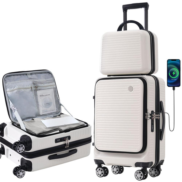 20-Inch Carry-on Luggage with Front Pocket, USB Port, and Carrying Case - White