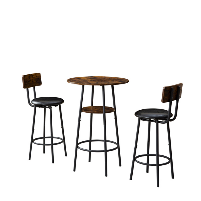 Rustic Brown Bar Stool Set with Shelf and Upholstered Backrest_5