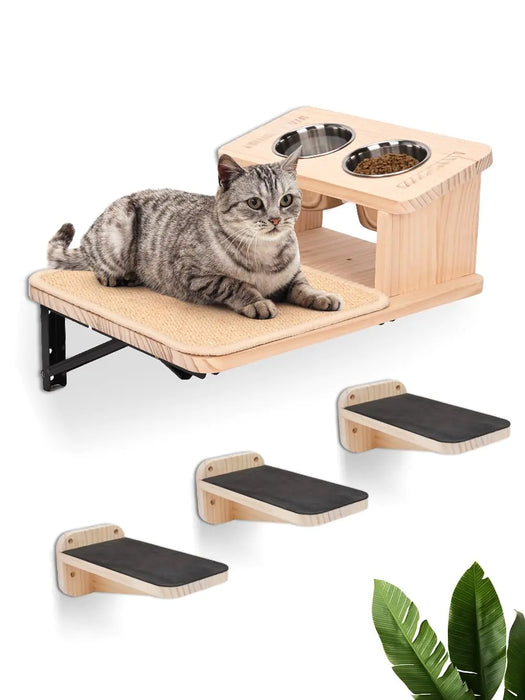 Cat Wall Shelves with three Wall Steps and Food Dishes