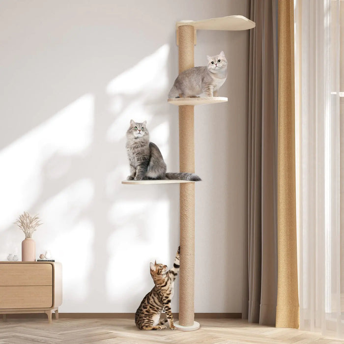 Adjustable 3-Tier Floor to Ceiling Wood Cat Tower