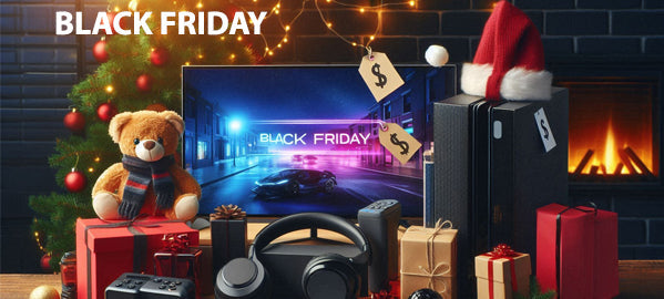 Electronics in front of a fireplace for Black Friday