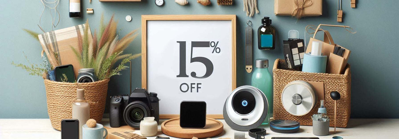 Various items with a 15% off sign