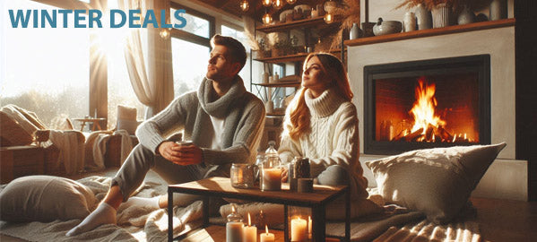 A couple in warm winter sweaters in front of a fireplace