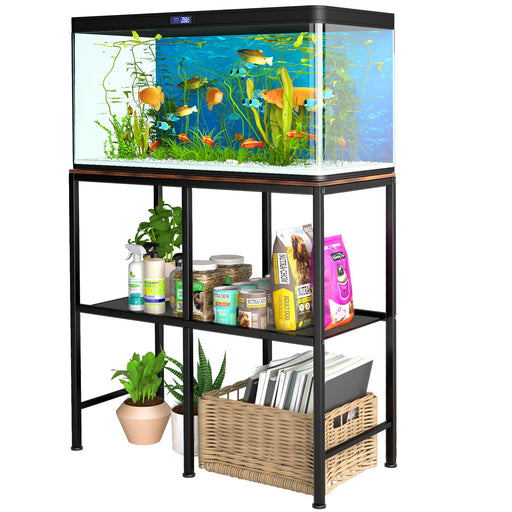 Black metal aquarium stand with fish tank on top and organized storage shelves below