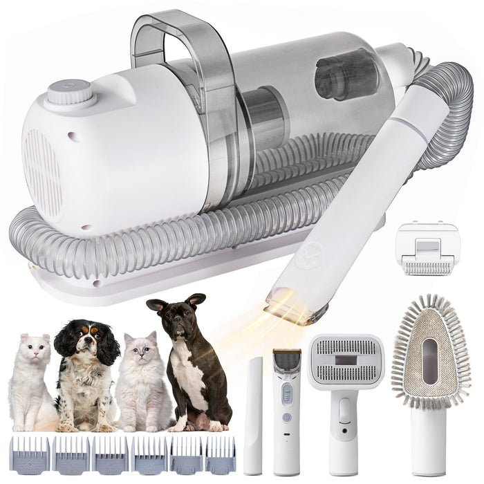 White pet grooming vacuum with hose, clippers and accessories displayed with cats and dogs