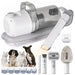 White pet grooming vacuum with hose, clippers and accessories displayed with cats and dogs