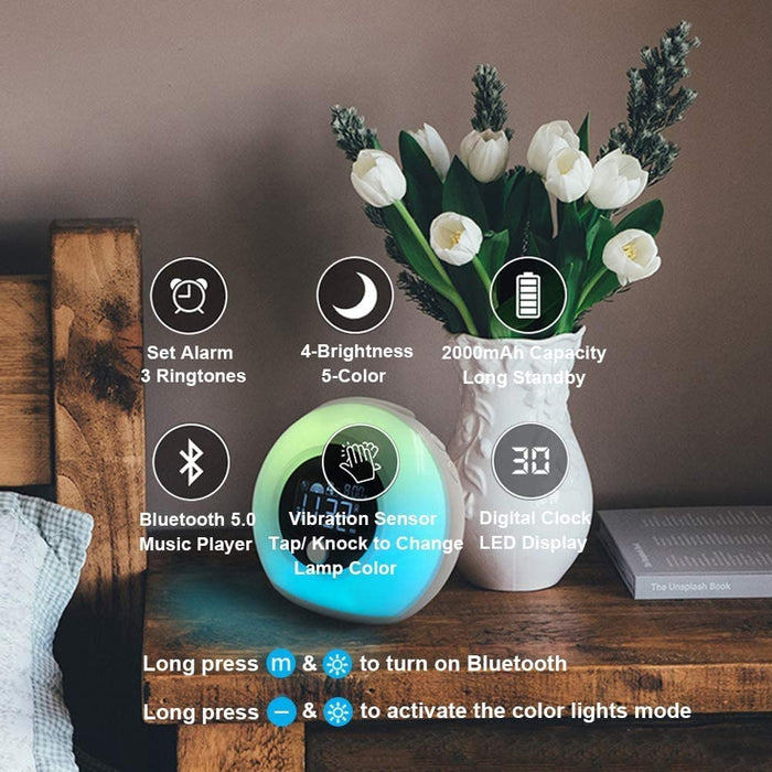 Wireless LED Night Lamp Alarm Clock and Bluetooth Speaker- USB Charging