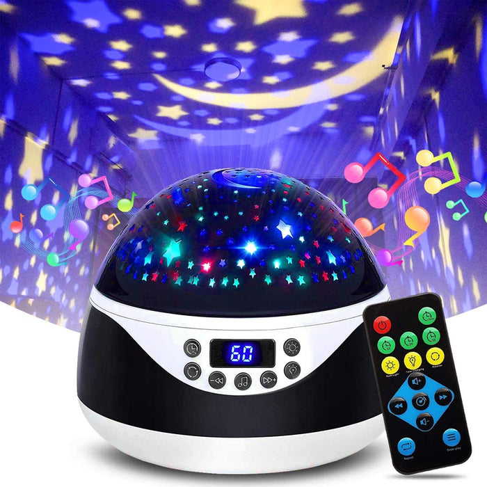 USB Plugged-in, Battery Powered Rotating Projector Night Light with Music