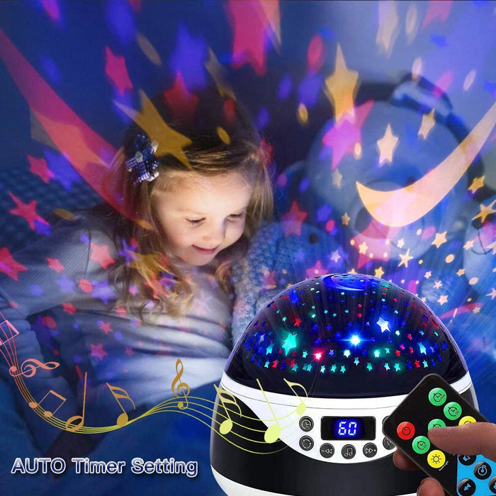 USB Plugged-in, Battery Powered Rotating Projector Night Light with Music