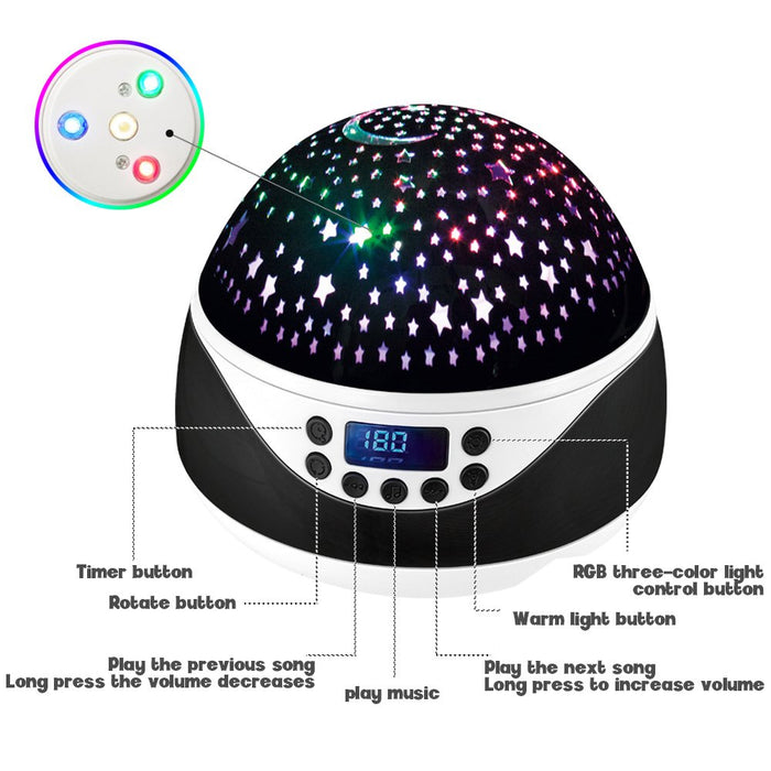 USB Plugged-in, Battery Powered Rotating Projector Night Light with Music