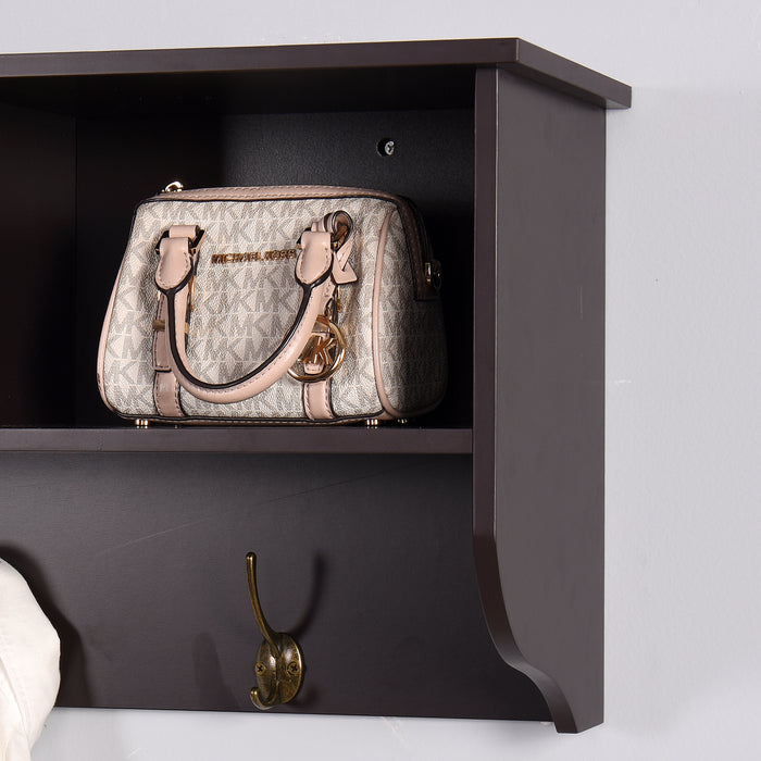 Wall-Mounted Coat Organizer Shelf with Hooks (Espresso)