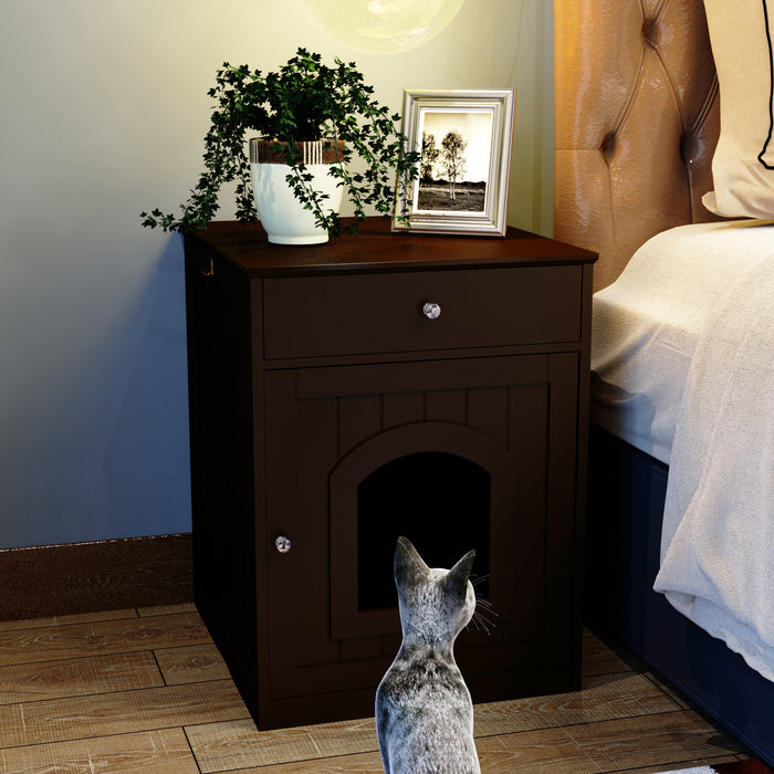 Hidden Box Cat End Table Wooden Night Stand Enclosed Pet Litterbox- Brown
