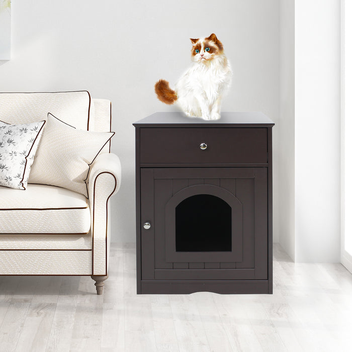 Hidden Box Cat End Table Wooden Night Stand Enclosed Pet Litterbox- Brown
