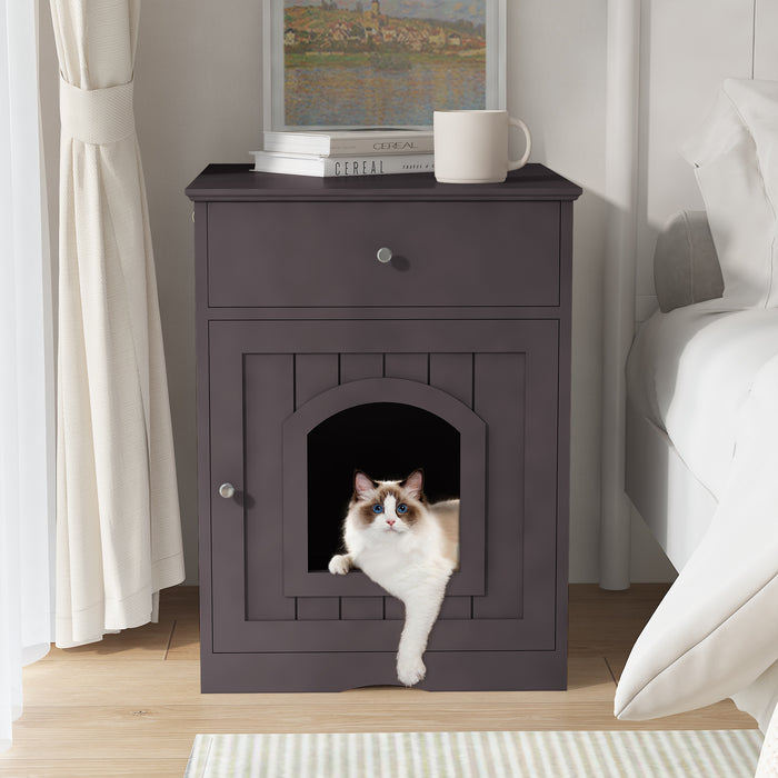 Hidden Box Cat End Table Wooden Night Stand Enclosed Pet Litterbox- Brown