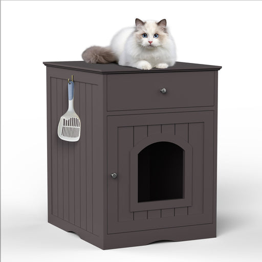 Hidden Box Cat End Table Wooden Night Stand Enclosed Pet Litterbox- Brown