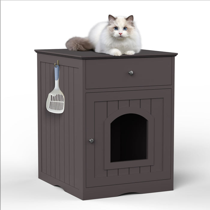 Hidden Box Cat End Table Wooden Night Stand Enclosed Pet Litterbox- Brown