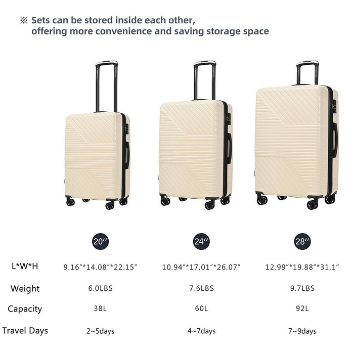 3-Piece Lightweight Hard-shell Luggage Set with Double Spinner Wheels and TSA Lock - Cream White