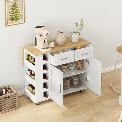 Multi-Functional Kitchen Island Cart with Cabinet, Drawers, Spice Rack, Towel Holder, Wine Rack, and Foldable Table Top_0