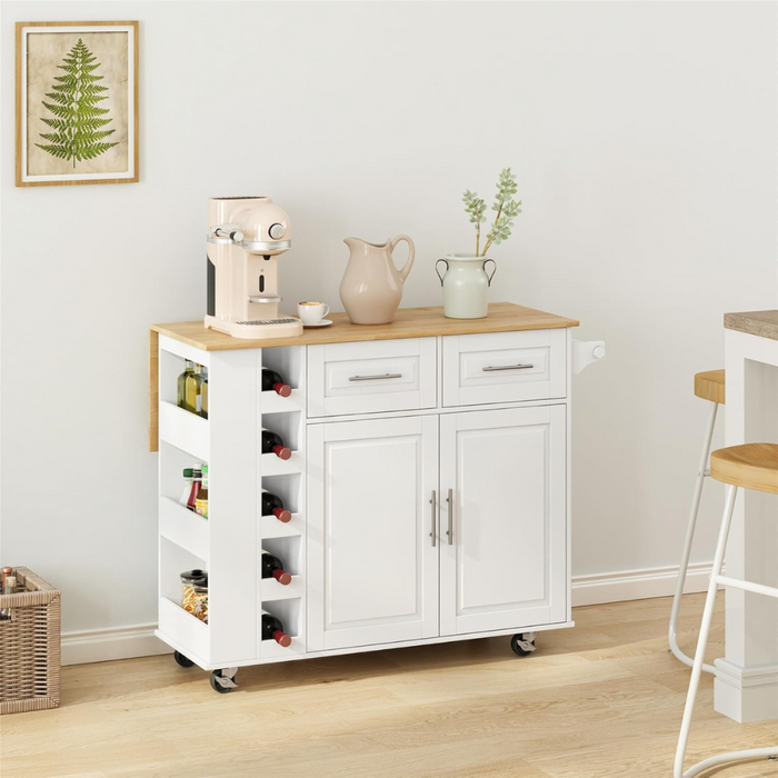 Multi-Functional Kitchen Island Cart with Cabinet, Drawers, Spice Rack, Towel Holder, Wine Rack, and Foldable Table Top_2