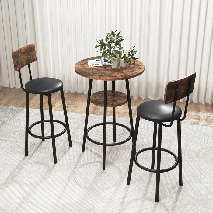 Rustic Brown Bar Stool Set with Shelf and Upholstered Backrest_0