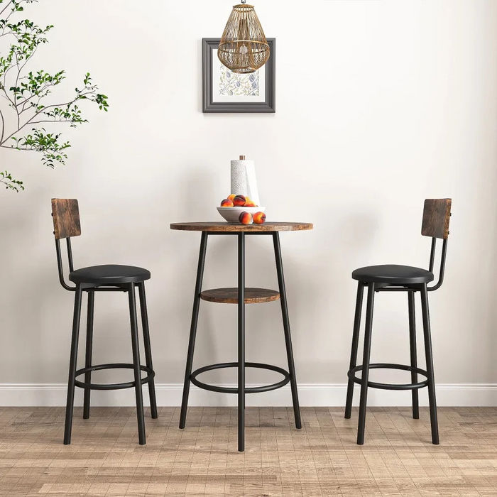 Rustic Brown Bar Stool Set with Shelf and Upholstered Backrest_2