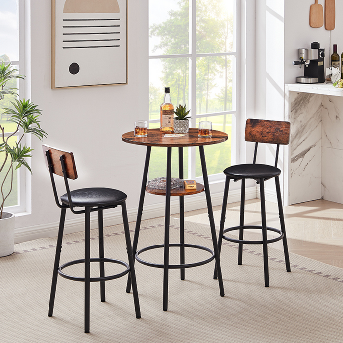 Rustic Brown Bar Stool Set with Shelf and Upholstered Backrest_3
