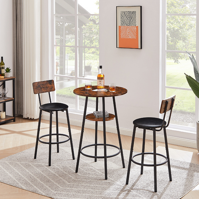 Rustic Brown Bar Stool Set with Shelf and Upholstered Backrest_4