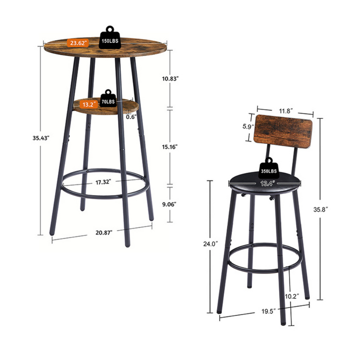Rustic Brown Bar Stool Set with Shelf and Upholstered Backrest_6