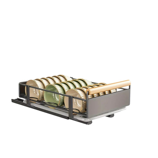 Pull Out Dish Rack with Wooden Handle and Drain Tray