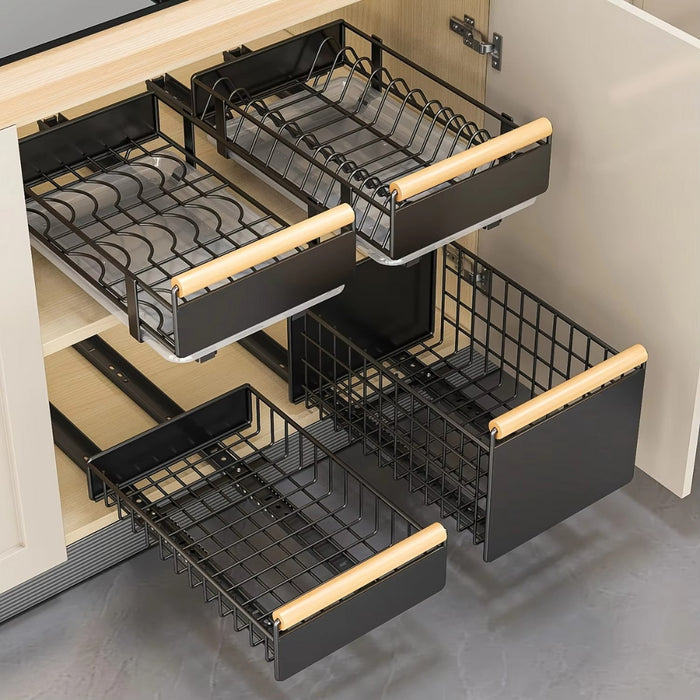 Pull Out Dish Rack with Wooden Handle and Drain Tray