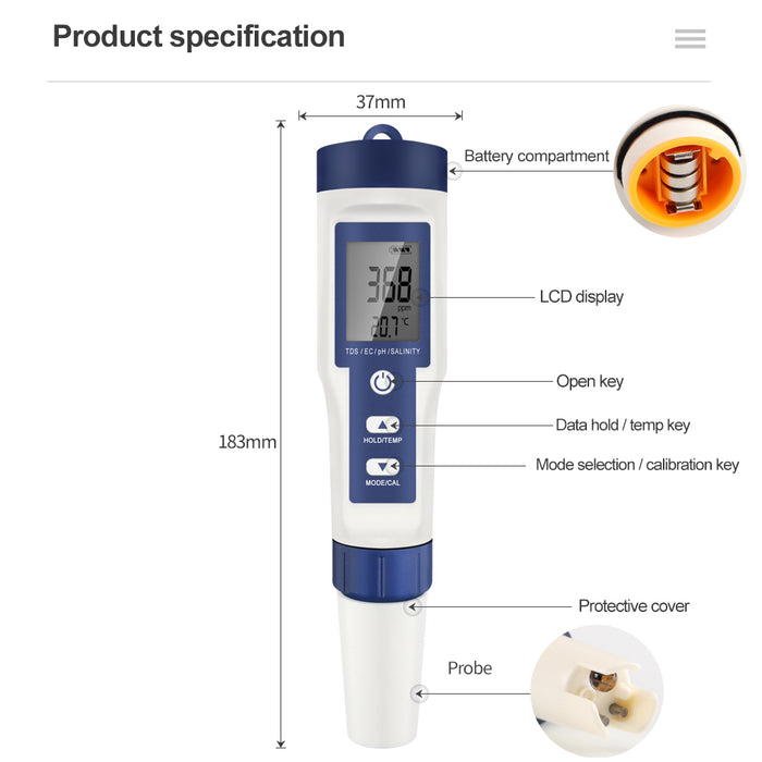 5 In 1 Digital Salinity Temperature PH TDS EC Meter Tester Pen