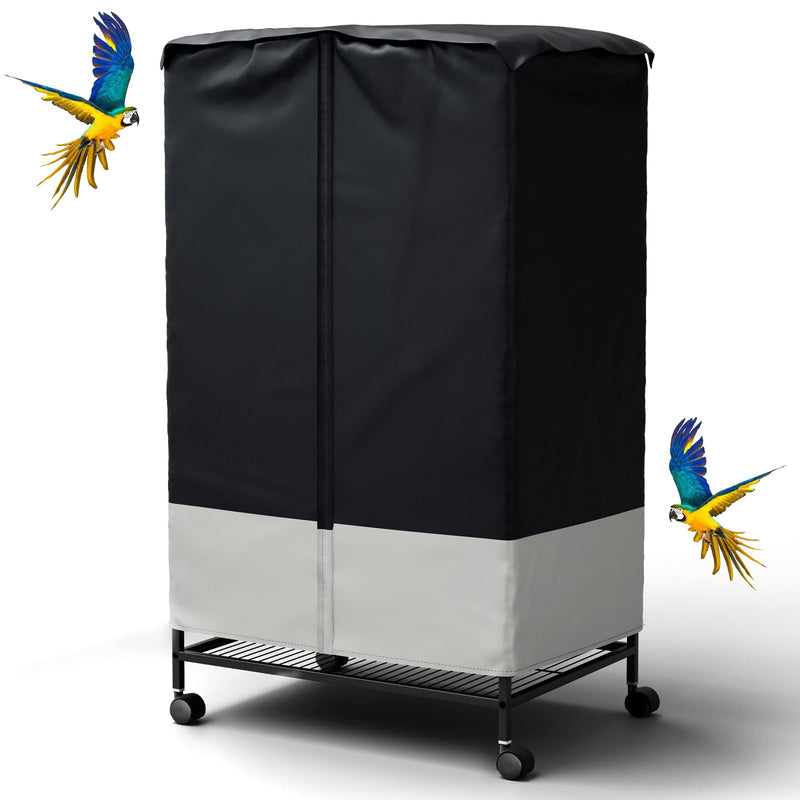 Black bird cage cover with gray bottom section on wheeled stand with two colorful parrots flying