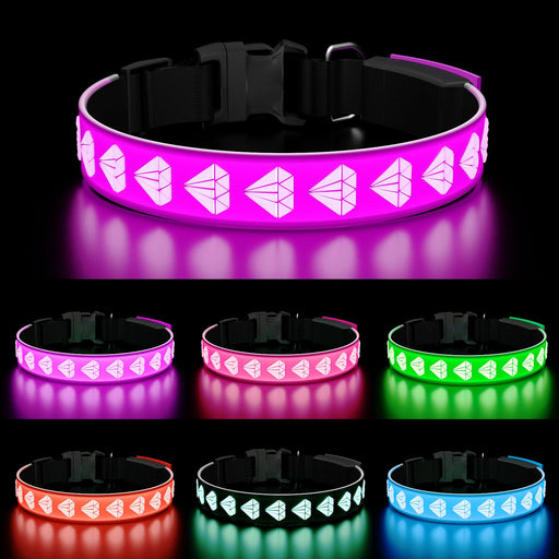 LED dog collar with 3D diamond pattern showing multiple color options including pink, green,