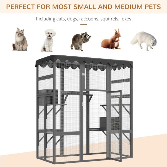 Large Wooden Cat Enclosure with Weatherproof Roof