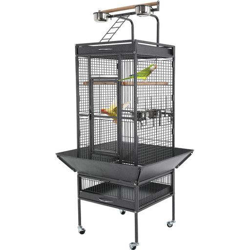 Large wrought iron bird cage with play top featuring two colorful parrots on wheeled stand