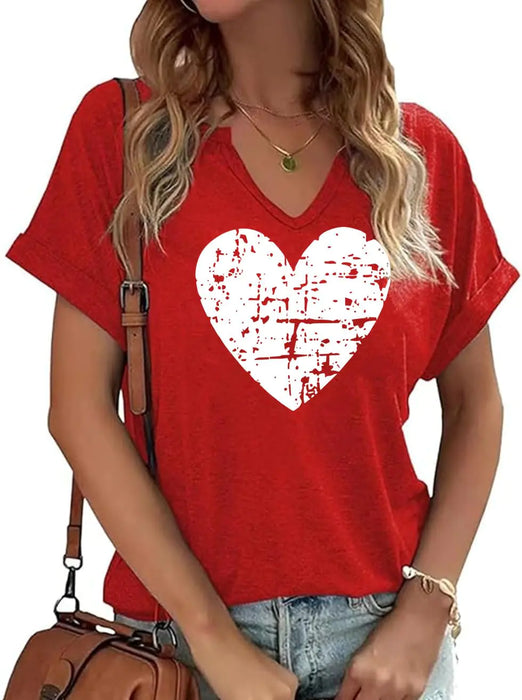 Valentines Day V-Neck Heart Graphic Tee for Women