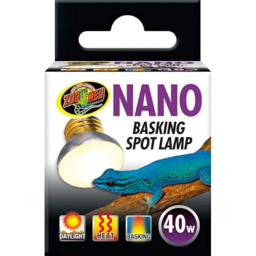 Zoo Med Nano Basking Spot Lamp 40W packaging showing light bulb and blue lizard illustration