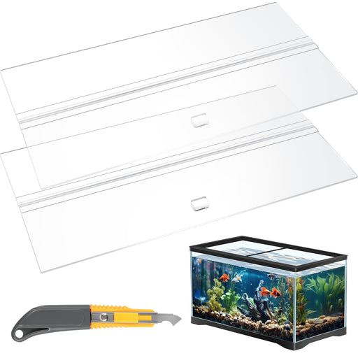 Clear acrylic aquarium lid pieces with utility knife and colorful fish tank setup display