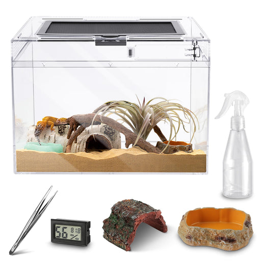 Clear acrylic reptile terrarium with desert setup, air plants, hide caves, and accessories