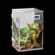 Clear acrylic reptile terrarium with live plants, wood branches and digital humidity display