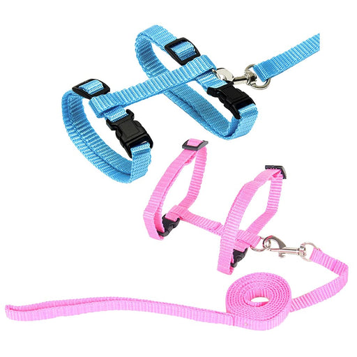Blue and pink adjustable rabbit harnesses with leashes, featuring black buckles and metal clips