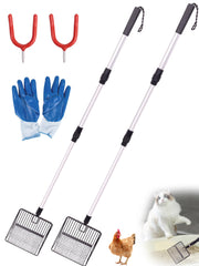 Complete pooper scooper set with two long-handled rakes, red wall hooks, blue gloves, cat and