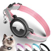 Pink reflective AirTag cat collar with breakaway buckle and bell, showing multiple color options