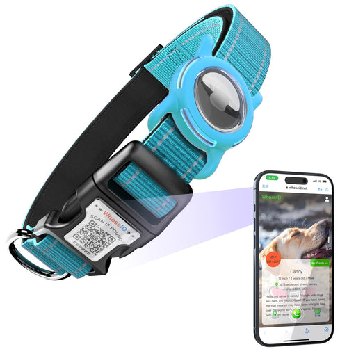 Turquoise reflective dog collar with AirTag holder and QR code tag connected to smartphone app