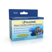 ALGONE water clarifier product box showing blue packaging with fish image and filter pouches