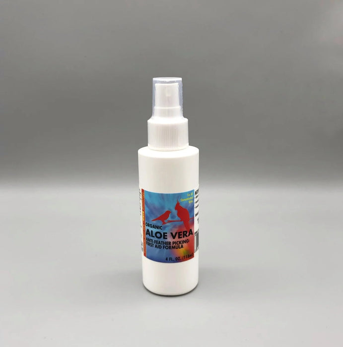 White spray bottle of Organic Aloe Vera Anti-Feather Picking formula with red cardinal birds on